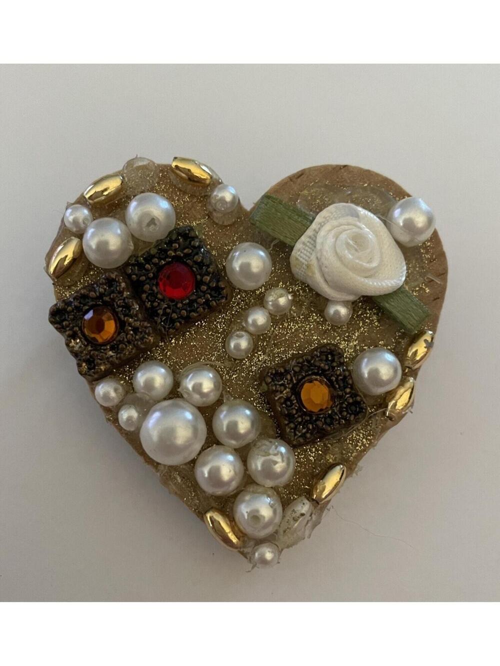 Decorative Beaded Heart Brooch Pin AS IS